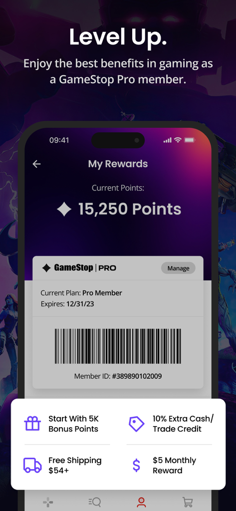 GameStop - Schermata premi dell'app GameStop che mostra i punti di adesione Pro e i vantaggi per i membri.
