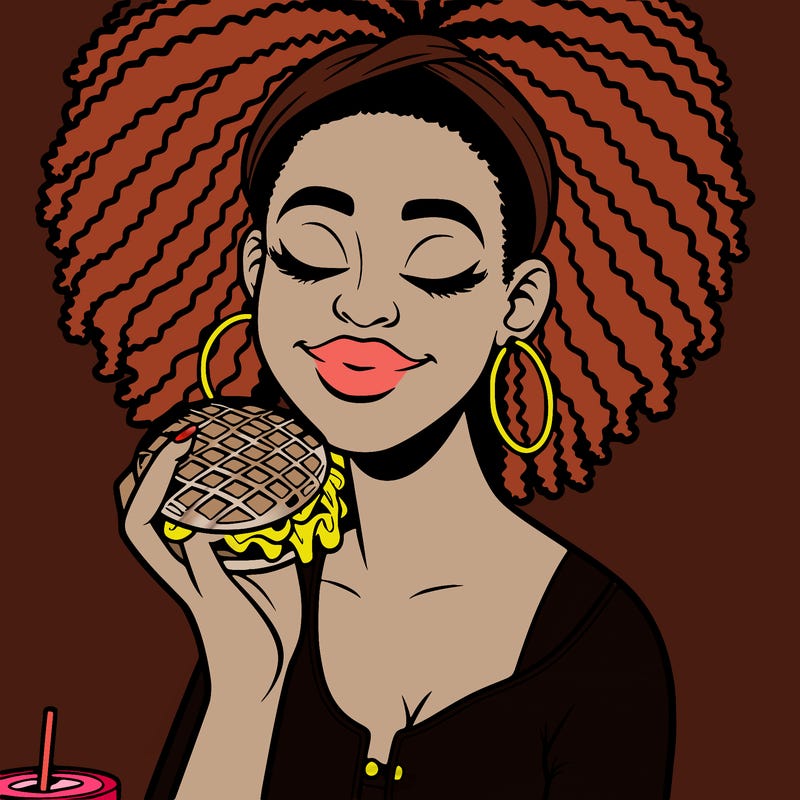 an african american woman eating a waffle burger realistic