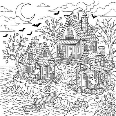 Get into the Halloween spirit with this enchanting coloring page featuring spooky coastal cottages. Adorned with festive pumpkins, friendly ghosts, and witchy details, this scene offers a unique blend of seaside charm and festive fright.