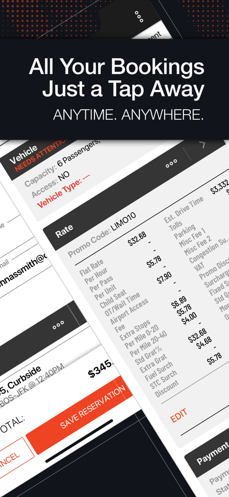 Limo Anywhere Mobile - Limo Anywhere Mobile app interface showing reservation details and rate breakdown for livery business operators