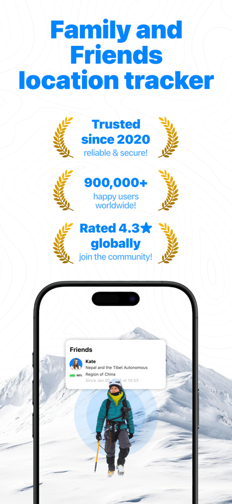 iTrack 앱이 900만 사용자 및 4.3점 평점으로 가족 위치 추적 기능을 보여줌