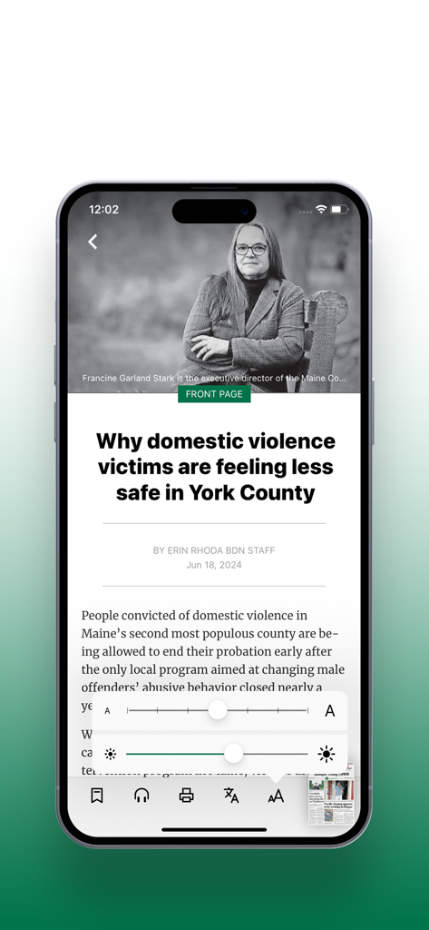 BDN e-edition - A news article view in the BDN e-edition app on an iPhone with text and brightness controls open.