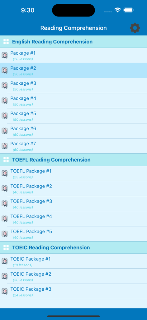English Reading + - English Reading Plus app menu featuring reading comprehension packages for General English, TOEFL, and TOEIC exams.