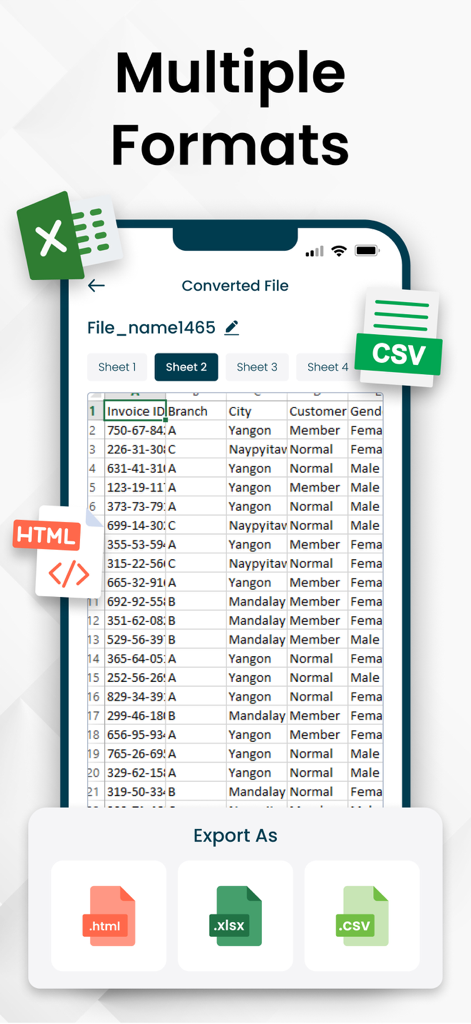XLSX CSV HTMLフォーマットの複数のエクスポートオプションを示すPDF to Excelコンバーターアプリ