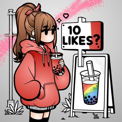 girl with oversized hoodie drinking boba and she has a high ponytail with a sign that says 10likes?