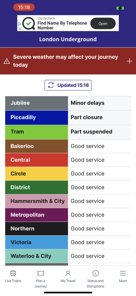 National Rail - La aplicación National Rail muestra el estado del servicio en tiempo real y los retrasos de las líneas del metro de Londres.