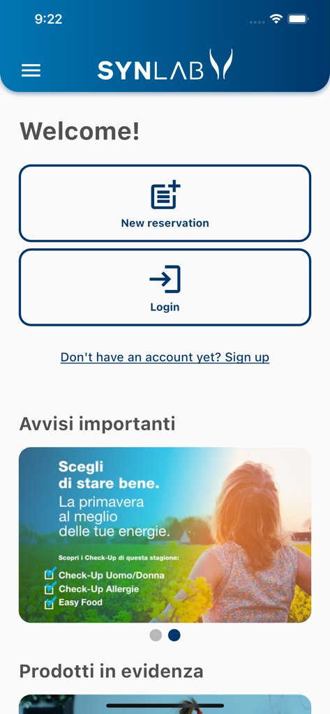 SYNLAB - Home screen of the Synlab app with buttons for new reservation and login