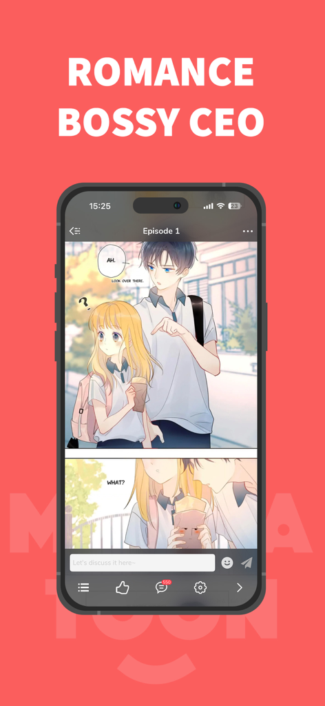 A smartphone showing a romance webtoon with two young characters on the MangaToon app.