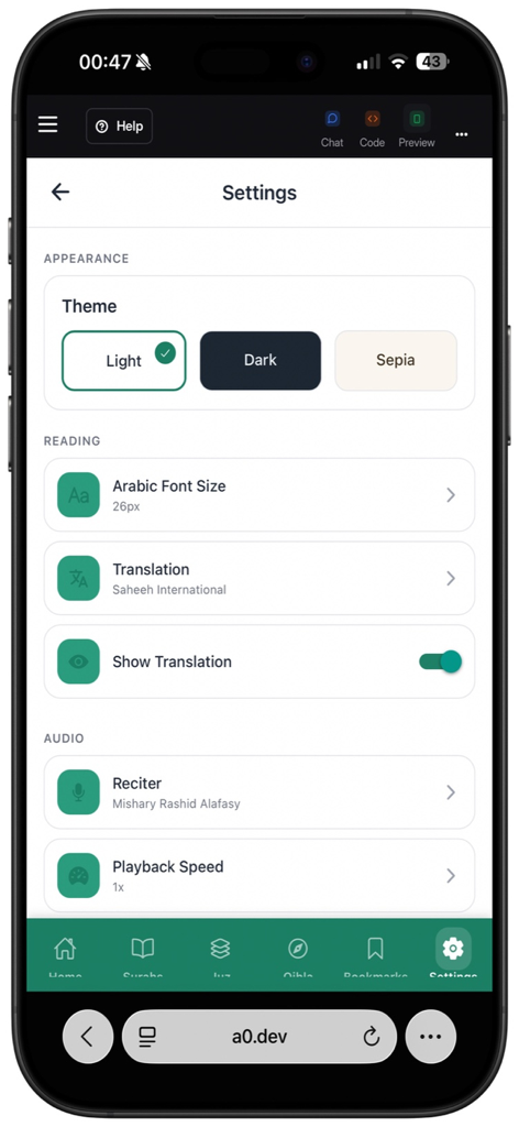 Quran Al Kareem Pro - Settings screen of the Quran Al Kareem Pro app showing customization options for theme, font size, translations, and audio reciters