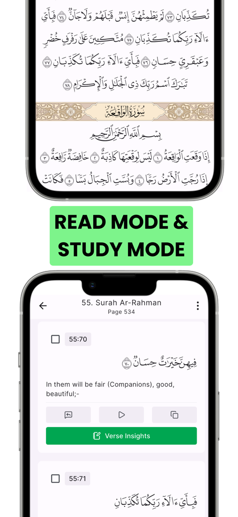 Tadabbur: Quran Journaling - Tadabbur app interface showing the transition between a clean Mushaf Read Mode and an interactive Study Mode with verse insights