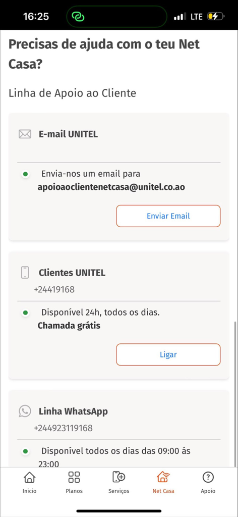 MyUnitel support screen for Net Casa showing email phone and WhatsApp contact options