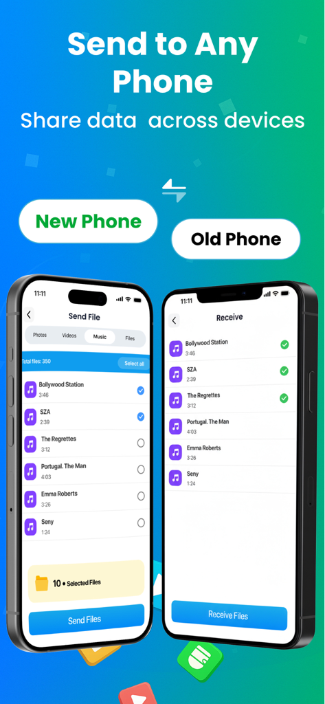 Phone Clone - Copy My Data - Interfaz de la aplicación Phone Clone que muestra la transferencia de datos inalámbrica entre dos teléfonos inteligentes