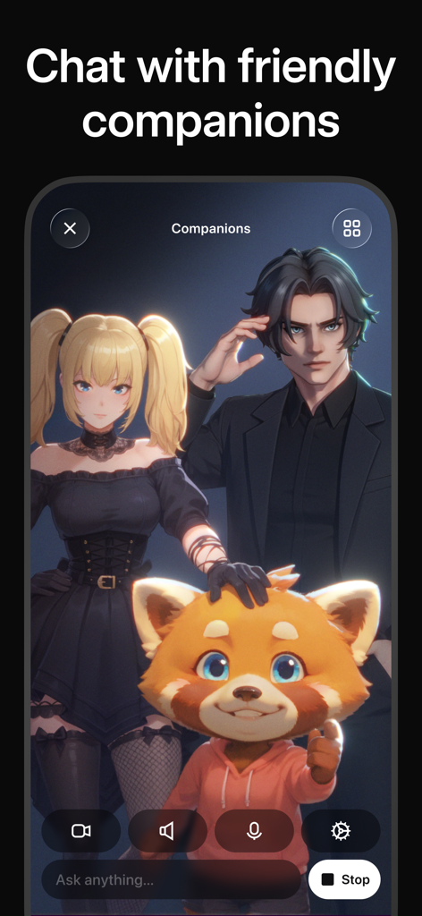 Grok mobile app screen featuring animated AI companions Ani Rudi and Valentine