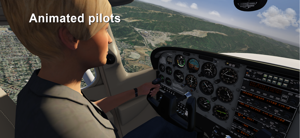 Aerofly FS Global - An animated female pilot in the cockpit of a Cessna 172 flying over a realistic mountain landscape in Aerofly FS Global