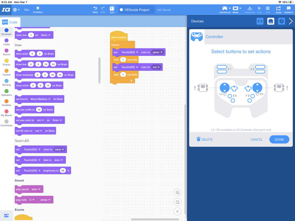 VEXcode IQ - VEXcode IQ interface on an iPad showing block-based coding workspace and a robot controller configuration panel