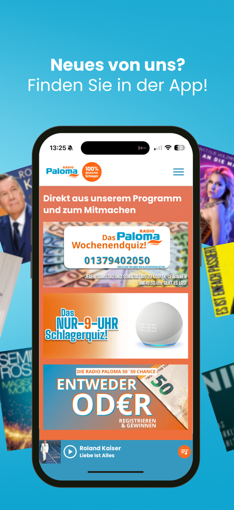 Interfaz de la aplicación Schlager Radio Paloma mostrando concursos y sorteos interactivos de música en vivo