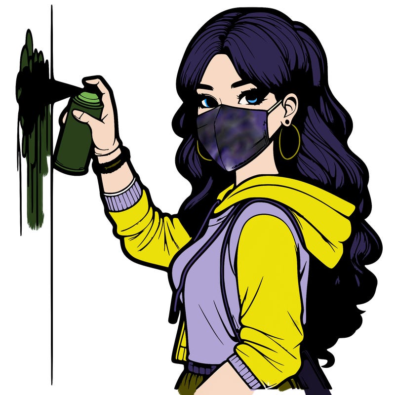 realistic girl with mask spray painting a wall