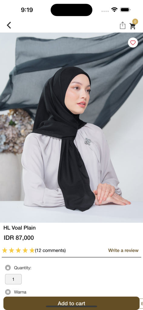 Heaven Lights - Heaven Lights Voal Plain black hijab shown on a model in a premium shopping app interface