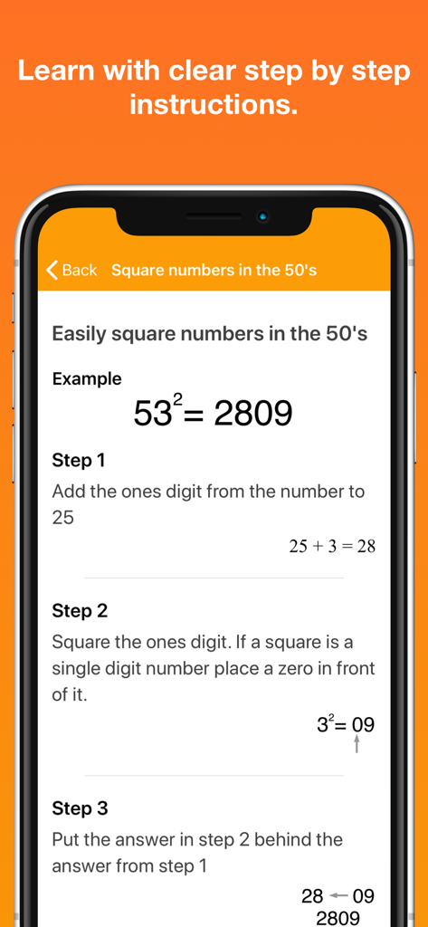 Mathemagics: Mental Math - A step-by-step mental math tutorial within the Mathemagics app showing how to quickly square numbers in the 50s.
