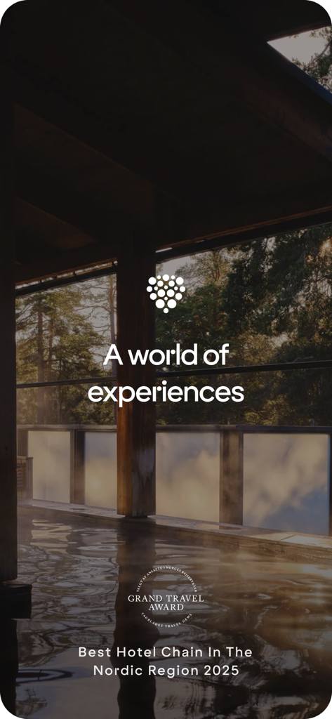 A serene luxury spa setting with the Strawberry app logo and an award for Best Hotel Chain In The Nordic Region 2025