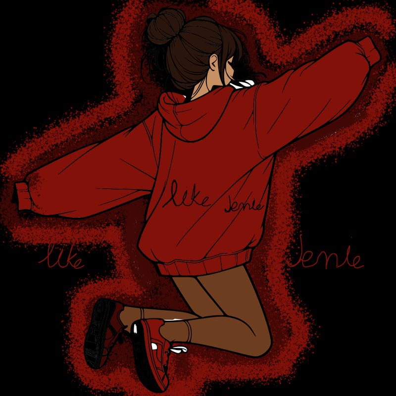 realistic girl jumping with a bun and oversized sweatshirt