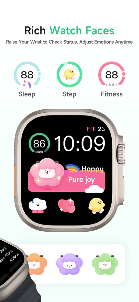 FeelFlow-HRV&Stress&Sleep - Apple Watch에 스트레스 및 기분 추적을 위한 다채로운 FeelFlow 앱 인터페이스가 표시됨