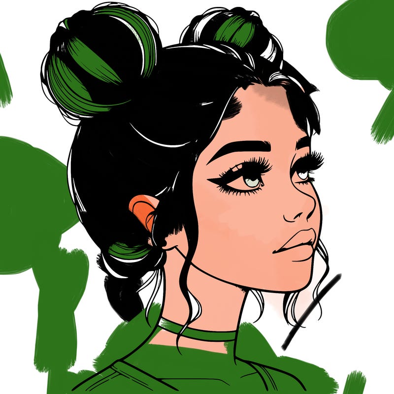 realistic girl with buns on the top of her head