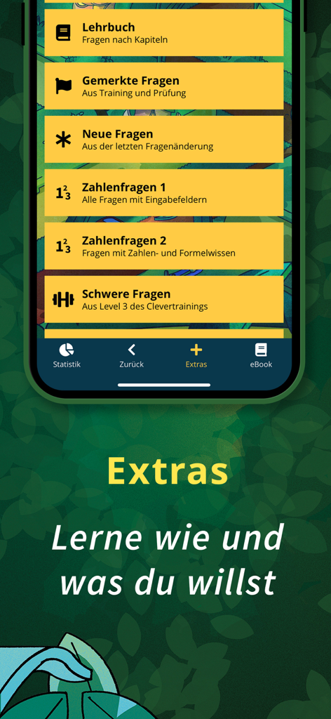 FahrAPP - Captura de ecrã do menu de extras do FahrAPP mostrando várias categorias de estudo para o exame teórico de condução.