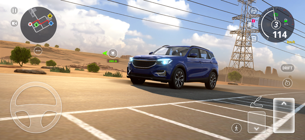 Blue SUV driving in a desert landscape within the car parking simulator game