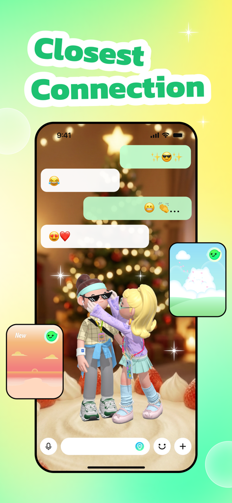 Bondee - Play, Chat, Bond - Bondeeアプリのモバイルインターフェースに、チャットルームで「Closest Connection」というテキストと共にやり取りする2つの3Dアバターが表示されている様子