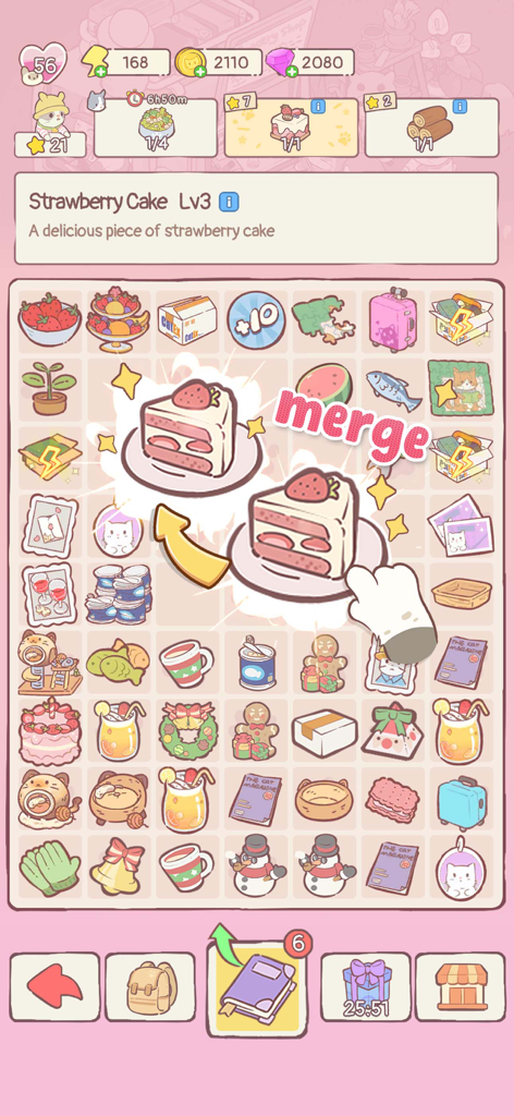 Cats Mansion - Cute Merge Game - A merge board in Cats Mansion featuring strawberry cake slices and various cute icons