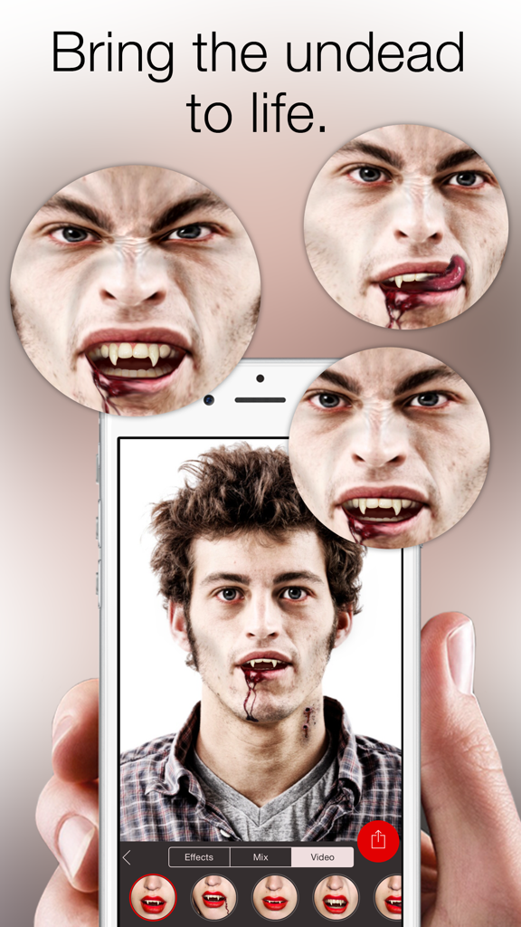 A man using the Vampify app to transform his face into a realistic 3D vampire with fangs and blood