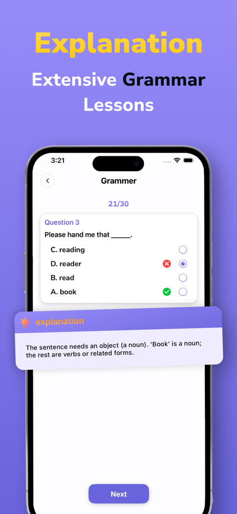 IELTS Exam Practice Test Prep - Pantalla de la aplicación de práctica de examen IELTS que muestra una pregunta de opción múltiple de gramática con una explicación detallada de la respuesta