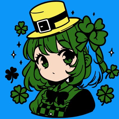 a manga-style girl with clovers around her, a little hat in her hair, like it's saint patrick's day