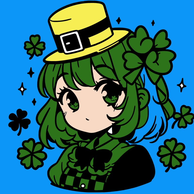 a manga-style girl with clovers around her, a little hat in her hair, like it's saint patrick's day