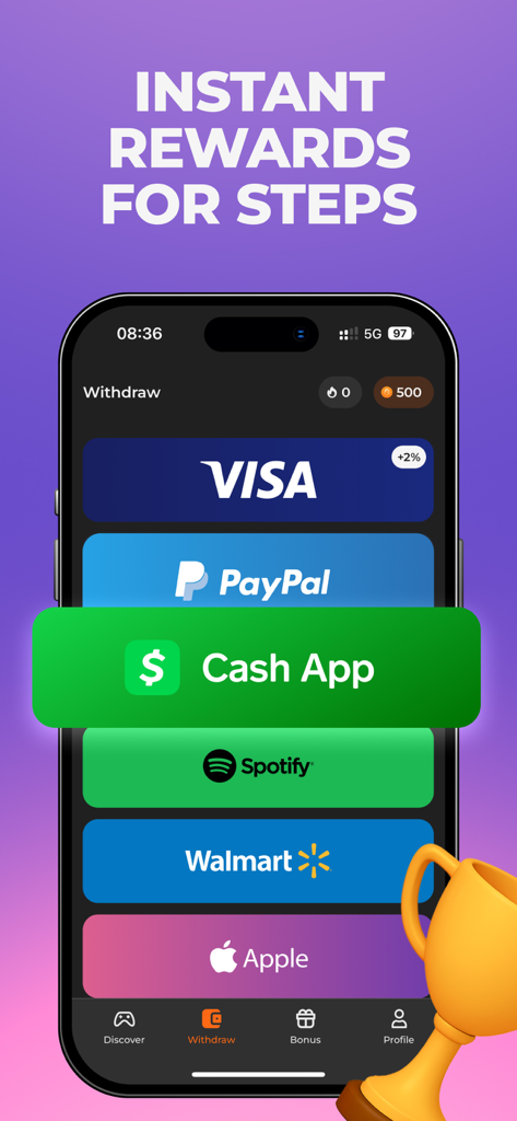 Scrambly: Rewards for Steps - Interfaz de la aplicación Scrambly que muestra opciones de retiro como PayPal y Cash App para ganar recompensas por caminar.