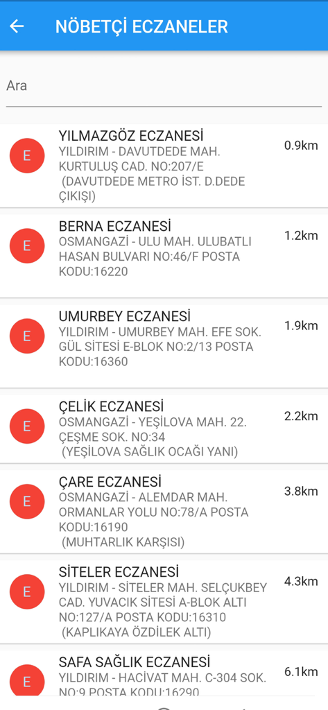 Bursa Büyükşehir Belediyesi - A list of on-duty pharmacies in Bursa with their names, addresses, and distances in the municipal app.