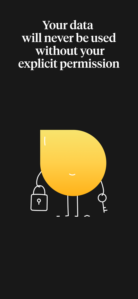 How We Feel 앱의 데이터 보안 및 개인 정보를 나타내는 잠금 장치와 열쇠를 들고 있는 노란색 캐릭터