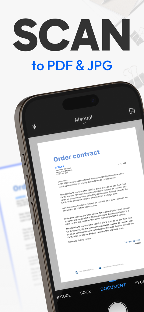 A smartphone using Tiny Scanner to scan a paper order contract into a digital PDF or JPG file