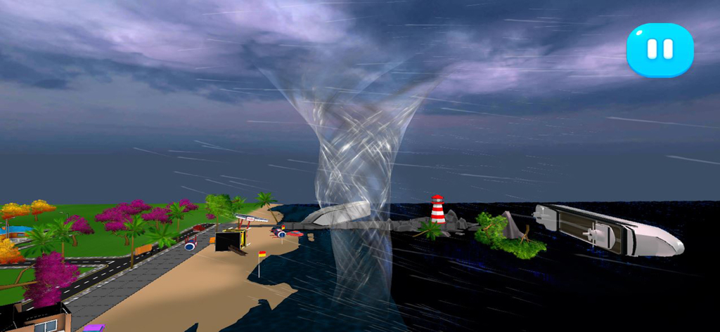 Tornado Rain and Thunder Sim - Jogabilidade de Tornado Rain and Thunder Sim mostrando uma nuvem funil destruindo uma área de praia costeira com um farol e um navio