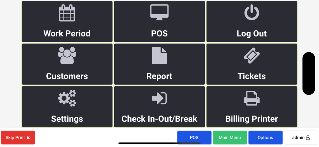 Foodship POS - Foodship POS main menu dashboard showing icons for work period, customers, reports, and settings