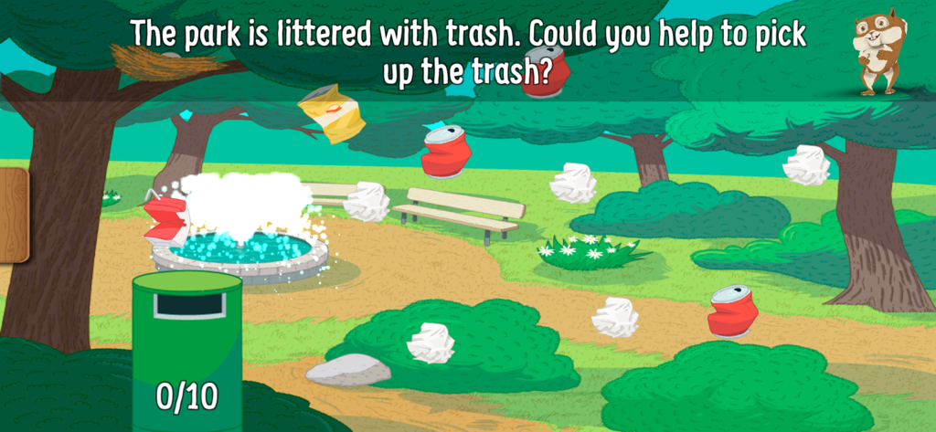 Lucky's Tree of Puzzles - An educational mini-game where children help pick up trash in a park to learn about environmental responsibility.