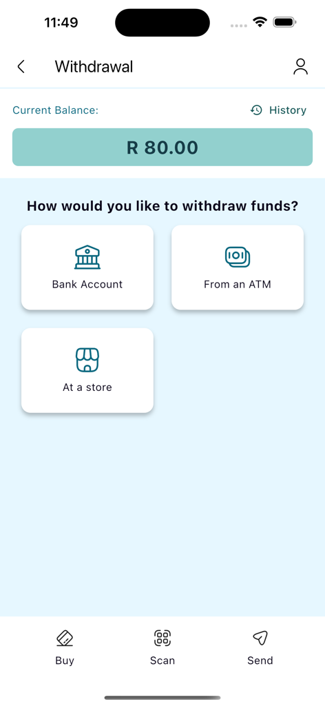 kazam - Interfaz de la aplicación Kazam que muestra las opciones de retiro por cuenta bancaria, cajero automático o tienda