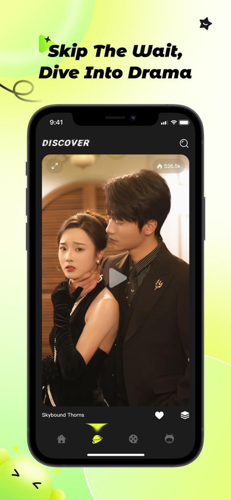 BeeReel – Quick Drama - A smartphone showing the BeeReel app interface with a preview of a short-form drama called Skybound Thorns featuring a couple in an intense scene.