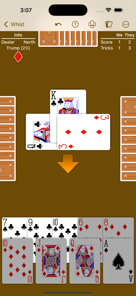 Whist - Expert AI - A game of Whist in progress on a mobile device showing the card table, player hand, and current trick