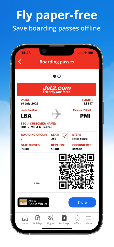 Jet2 - Holidays and Flights - 항공편 세부 정보 및 QR 코드를 표시하는 Jet2 앱의 디지털 탑승권