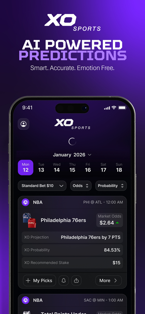 XO SPORTS - XO Sports app interface showing AI-powered NBA game predictions and probability statistics for the Philadelphia 76ers