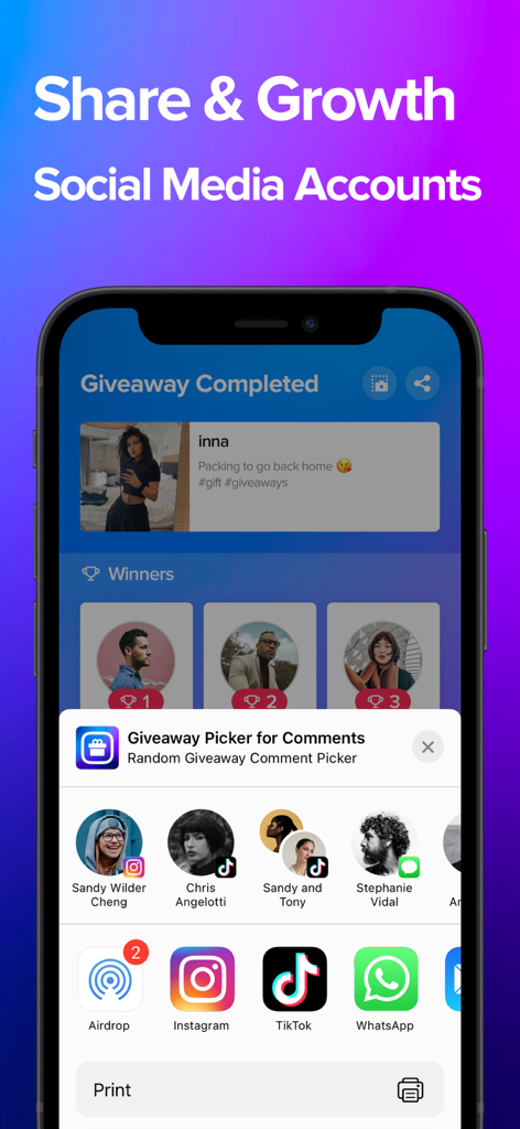Giveaway Picker for Comments - A smartphone screen displaying giveaway winners and options to share results on social platforms.