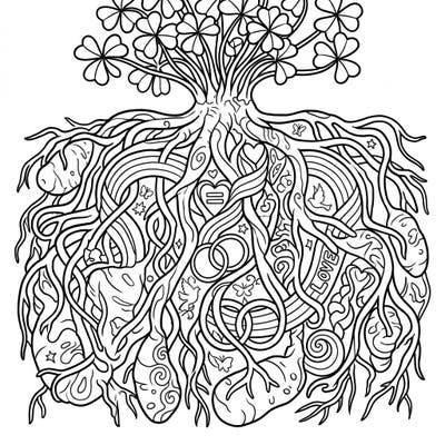 Delve into the intricate beauty of this shamrock roots coloring page, thoughtfully designed to celebrate Pride Month. Discover a tapestry of symbols representing love, equality, and connection awaiting your creative touch.