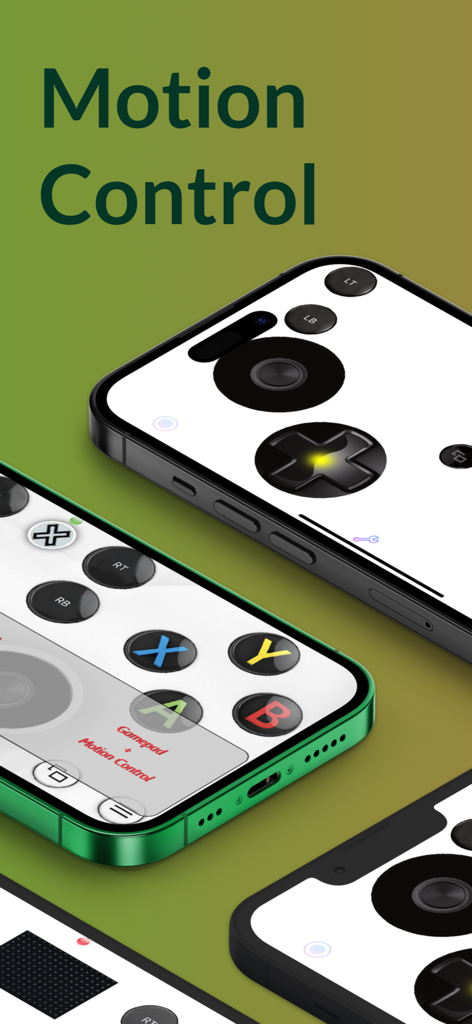 VGamepad Lite virtual game controller interface on iPhone showcasing motion control capabilities
